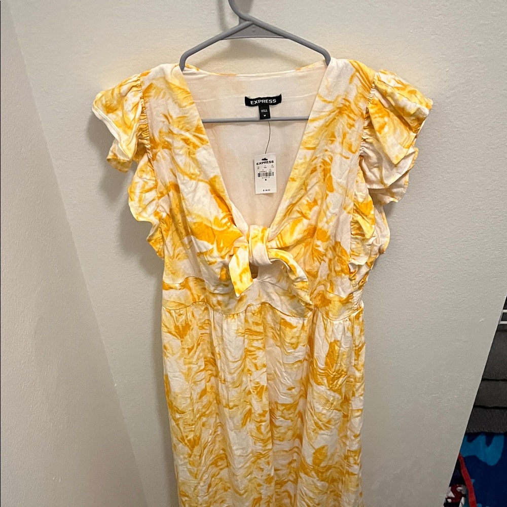 Express Yellow and White Ruffle Midi Dress